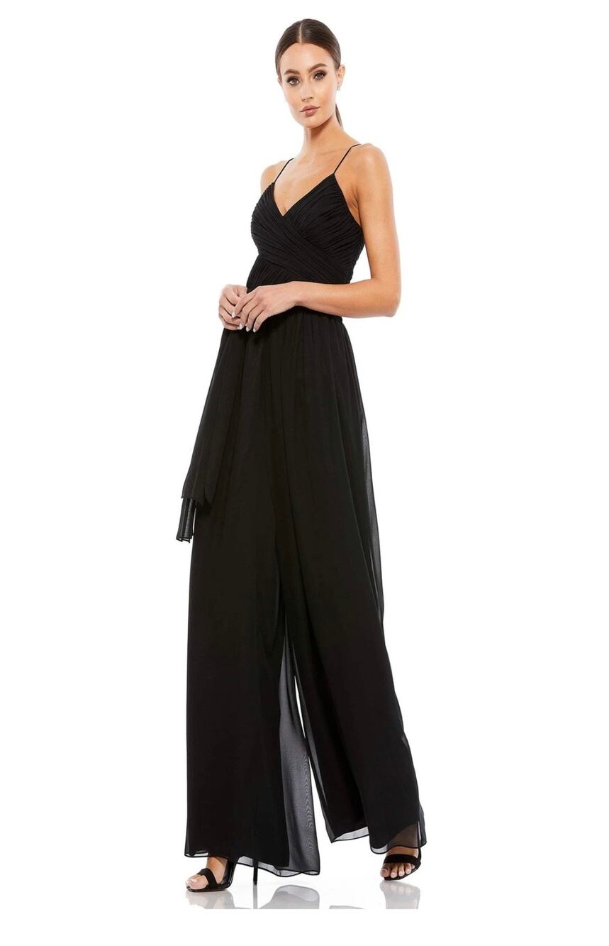 Mac Duggal Black Chiffon Flowy Faux Wrap Wide Leg Sleeveless Jumpsuit Size M